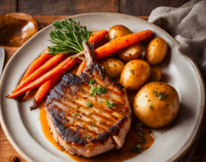 Côtes de porc au miel, carottes et pommes de terre