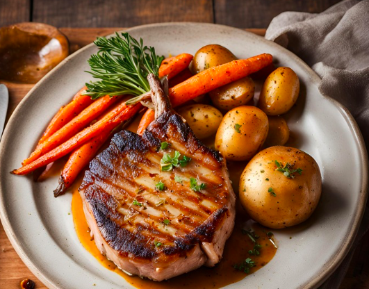 Côtes de porc au miel, carottes et pommes de terre