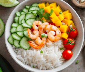 Poke bol crevette mangue concombre
