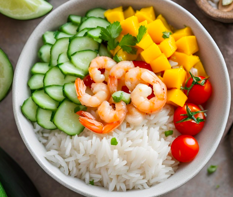 Poke bol crevette mangue concombre