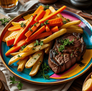 Frites de carottes, de pommes de terre et steak