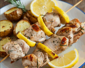 Brochettes de poulet au citron pommes de terre et tomate