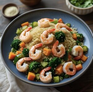 Quinoa aux légumes sautés et crevettes