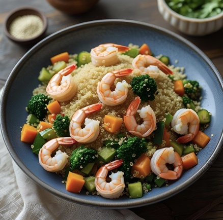 Quinoa aux légumes sautés et crevettes
