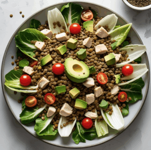 Salade de lentilles endives poulet avocat tomates cerises