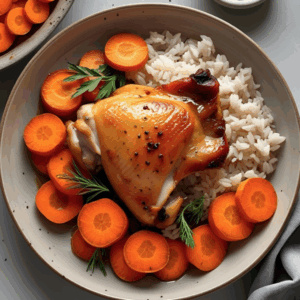 Poulet rôti miel et moutarde carottes et riz