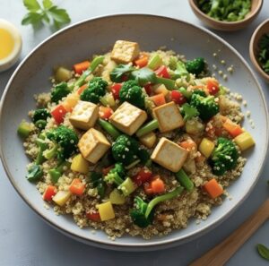 Quinoa aux légumes sautés et tofu