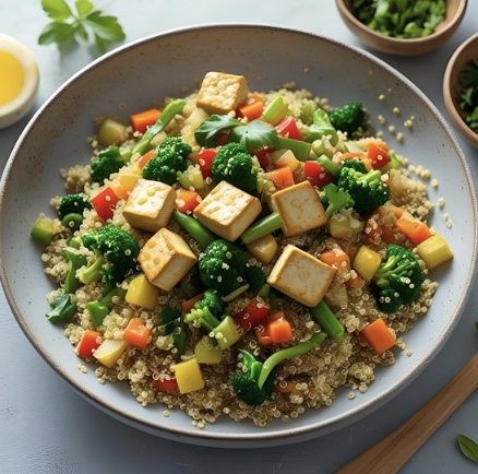 Quinoa aux légumes sautés et tofu