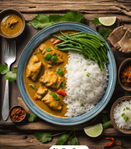 Cabillaud au curry coco riz haricots verts
