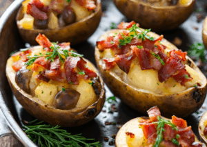 Patates farcies champignons lardons sucrine