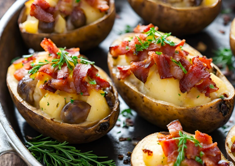 Patates farcies champignons lardons sucrine