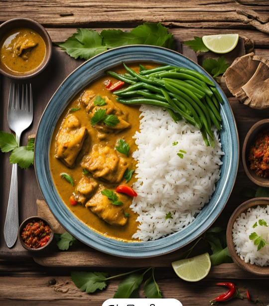 Cabillaud au curry coco riz haricots verts